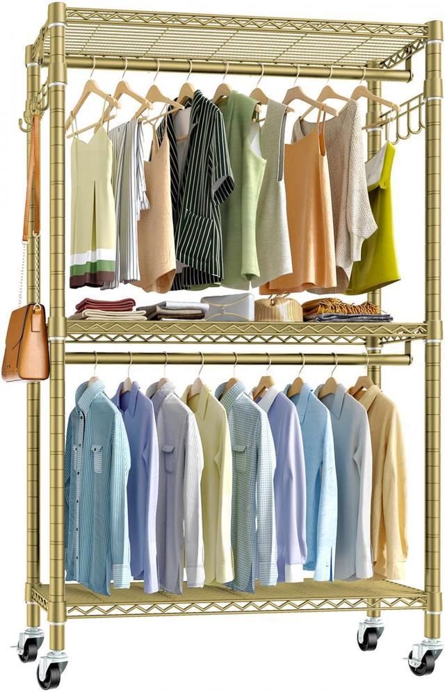 Vipek V12 Rolling Clothes Rack For Hanging Clothes Portable Closets Heavy  Duty Garment Rack 3 Tiers Adjustable Wire Shelving Clothing Rack With  Double Hanging Rods, Closet Organizers And Storage, Gold – Newegg Pertaining To 2 Tier Adjustable Wardrobes (View 10 of 15)