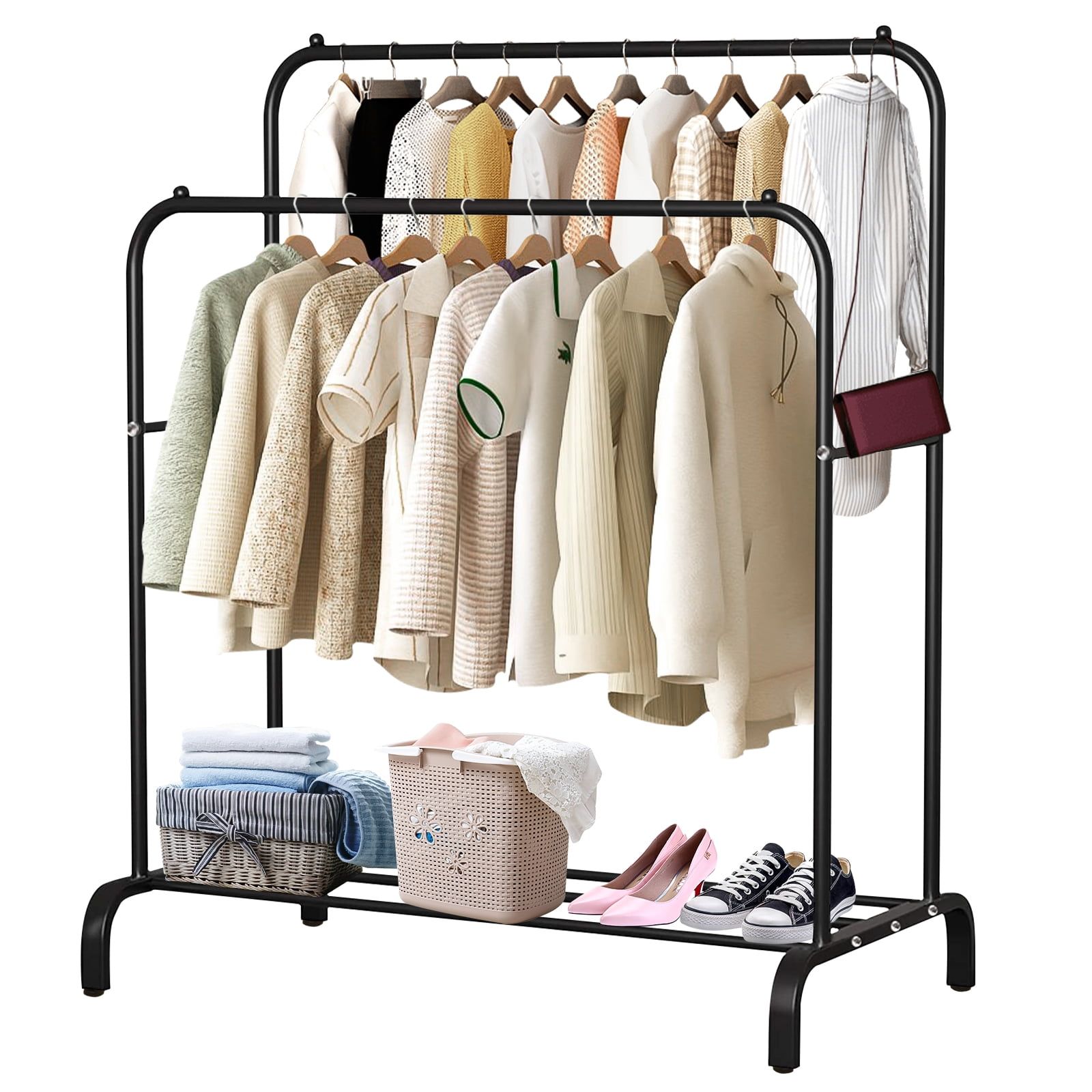Voilamart Garment Rack Clothes Hanging Rack Heavy Duty Clothes Drying Rail  Free Standing Metal Double Rod Clothing Rack Commercial Coat Rail With Shoe  Box Shelf, Black – Walmart Within Double Hanging Rail For Wardrobe (Photo 14 of 15)