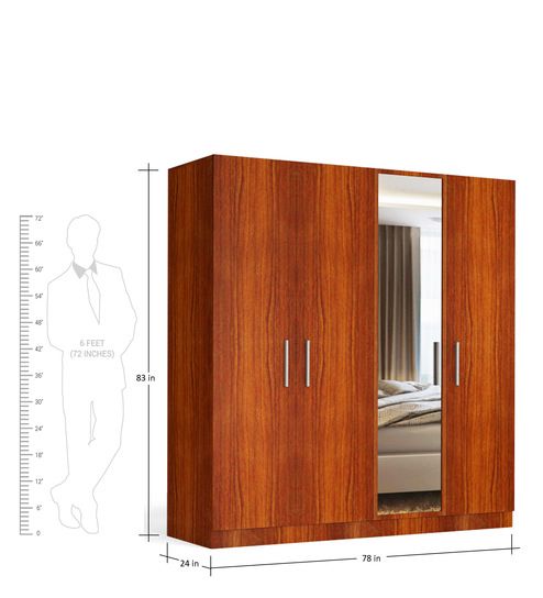 Wardrobe Stores Near Me | 4 Doors Wardrobe With Mirror In Cherry Finish |  Rawat Furniture Pertaining To Wardrobes In Cherry (Photo 12 of 15)