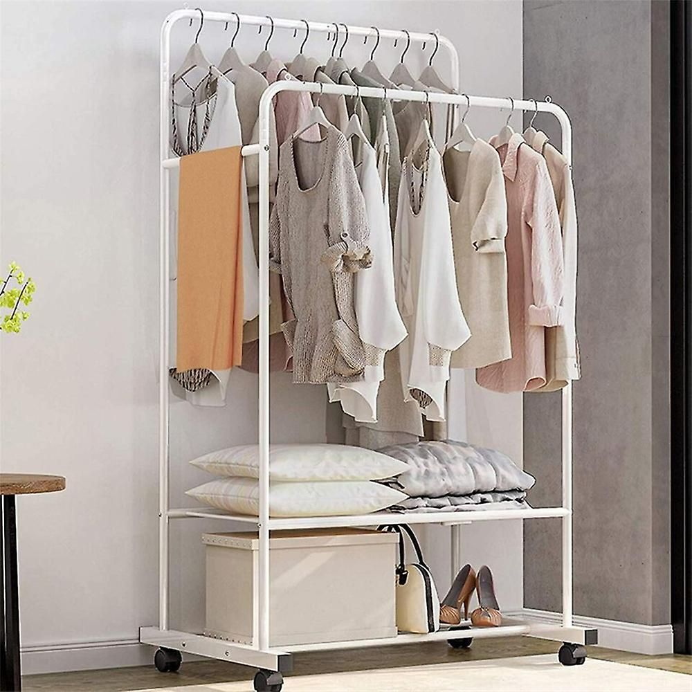 White Elegant Garment Stand Dual Clothes Rack Rail Rolling Hanging Shelf  Closet | Fruugo Fr With Regard To Double Hanging Rail For Wardrobe (View 5 of 15)