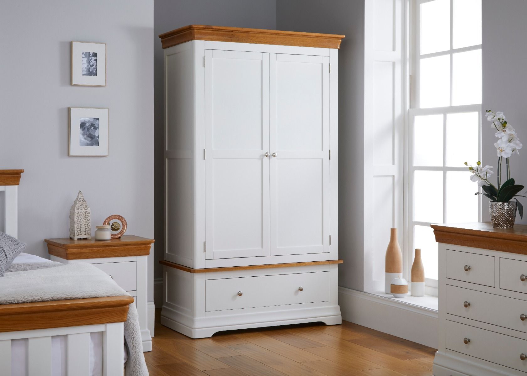White Painted Double Oak Wardrobe – Free Delivery | Top Furniture Inside Double Rail Oak Wardrobes (View 7 of 15)