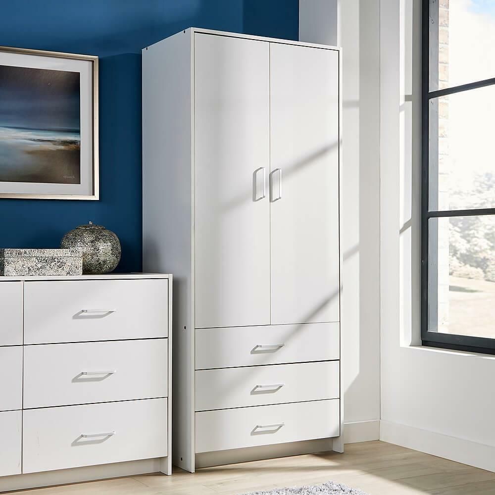 White Wardrobe 2 Door 3 Drawer With Hanging Rail And Storage Shelf Bedroom  Unit | Ebay For Wardrobes With 3 Drawers (Photo 11 of 15)