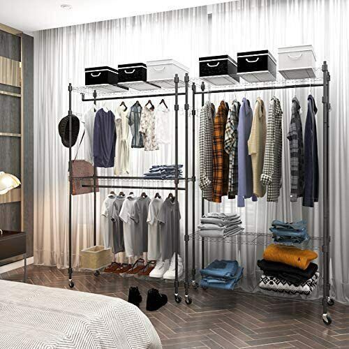 Wire Shelving Clothes Closet Organizer Garment Rack Rolling Shelf With Side  Hook | Ebay With Wire Garment Rack Wardrobes (Photo 6 of 15)