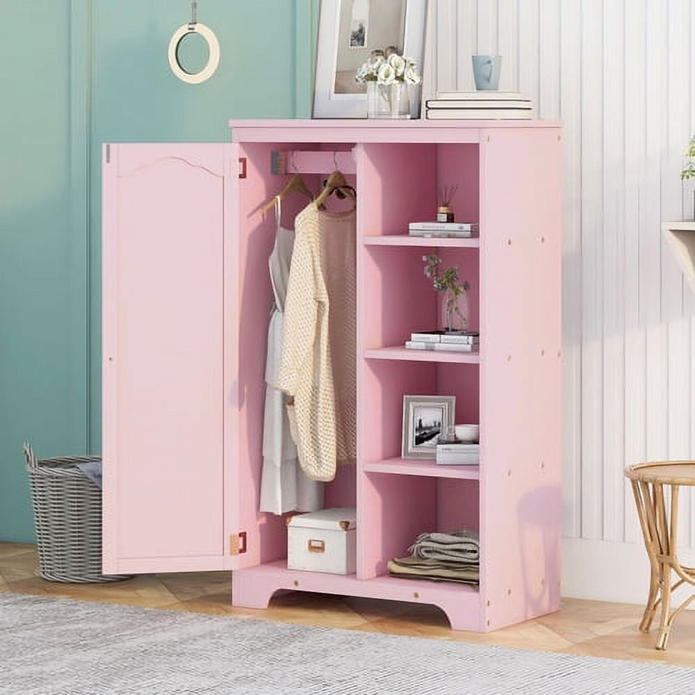 Wooden Cabinet, Wood Wardrobes With 1 Door And 4 Open Shelves, Bathroom  Floor Cabinet Wooden, Bedroom Dorm Storage Chest, Side Cabinet Storage  Organizer With Clothes Rail For Living Room, Pink – Walmart Inside Wardrobes With 4 Shelves (View 3 of 15)