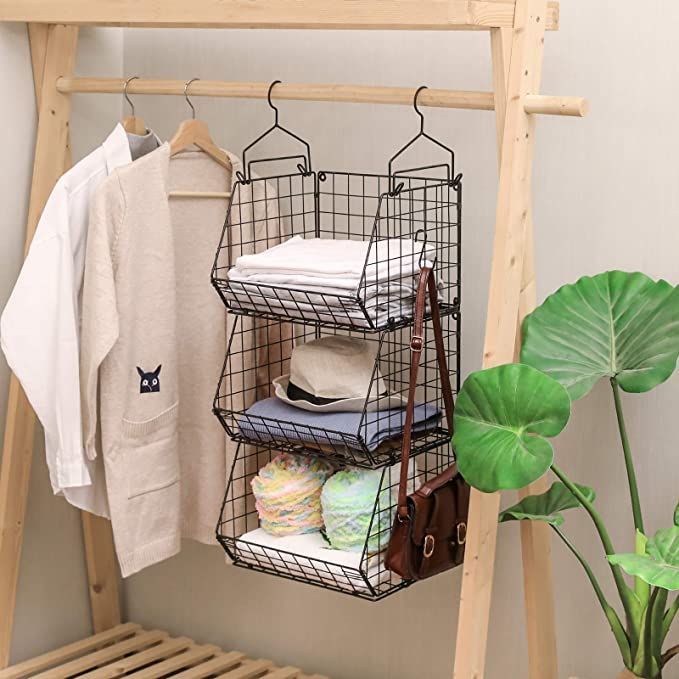 X Cosrack 3 Tier Foldable Closet Organizer, Clothes Shelves With 5 S Hooks,  Wall Mount&cabinet Wire Storage Basket Bins, For Clothing Sweaters Shoes  Handbags Cl… | Storage Closet Organization, Clothes Shelves, Closet  Accessories With Regard To 3 Shelf Hanging Shelves Wardrobes (View 9 of 15)