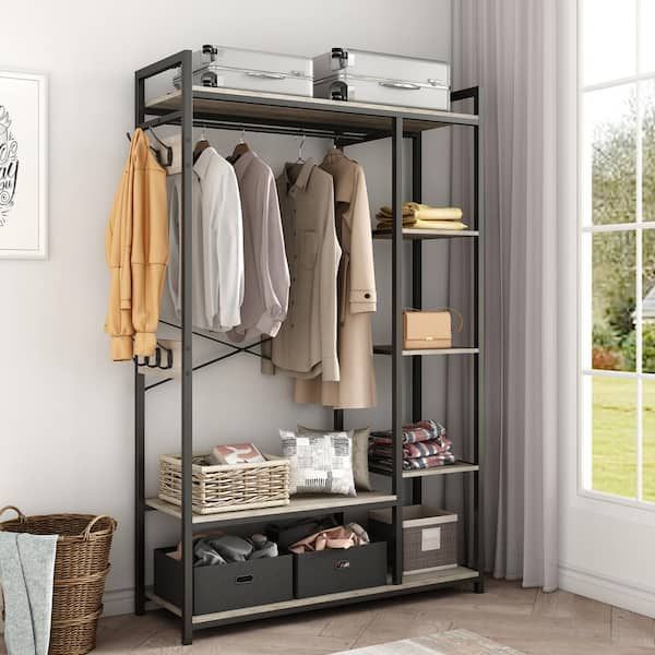 Yofe Light Ivory Wooden Clothes Rack With Metal Frame Closet Organizer  Portable Garment Rack With 2 Storage Box & Side Hook  Camyiy Gi41554w1162 Crack01 – The Home Depot For Double Up Wardrobe Rails (Photo 12 of 15)