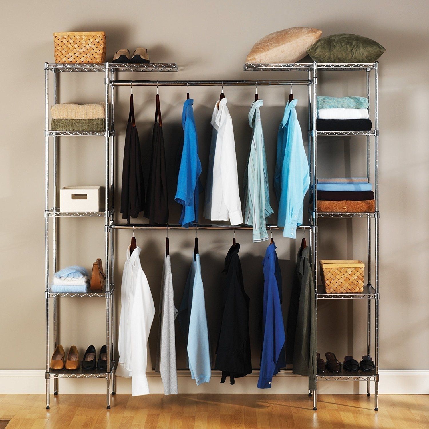Zimtown Freestanding Closet System Storage Organizer Shelves Kit Expandable  Heavy Duty Garment Rack Wardrobes Hanging Clothes Rack Metal Silver –  Walmart For Silver Metal Wardrobes (Photo 4 of 15)