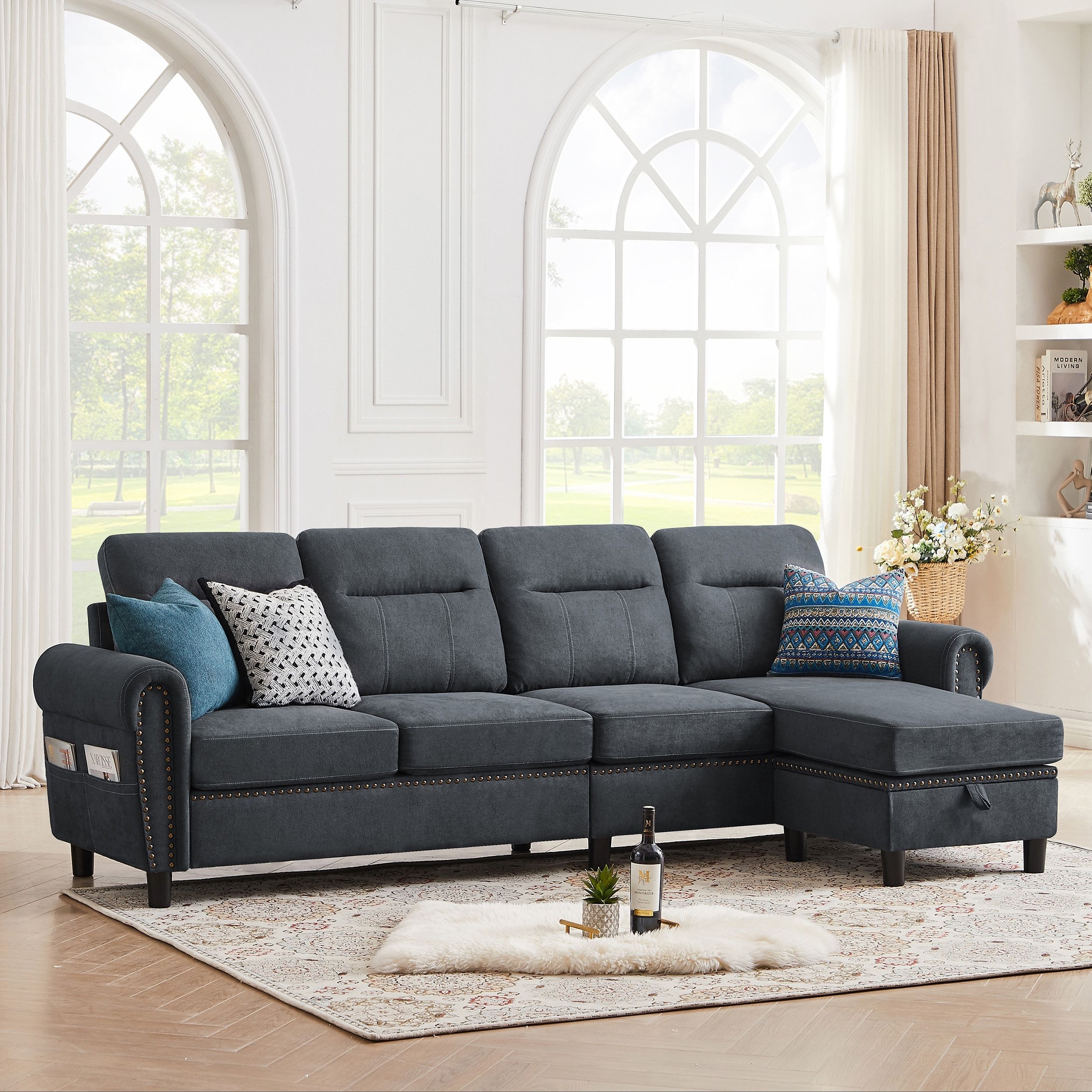 106.69" 4 Seater L Shaped Reversible Sectional Sofa With Side Storage Bags  – On Sale – Bed Bath & Beyond – 38006695 In Reversible Sectional Sofas (Photo 2 of 15)
