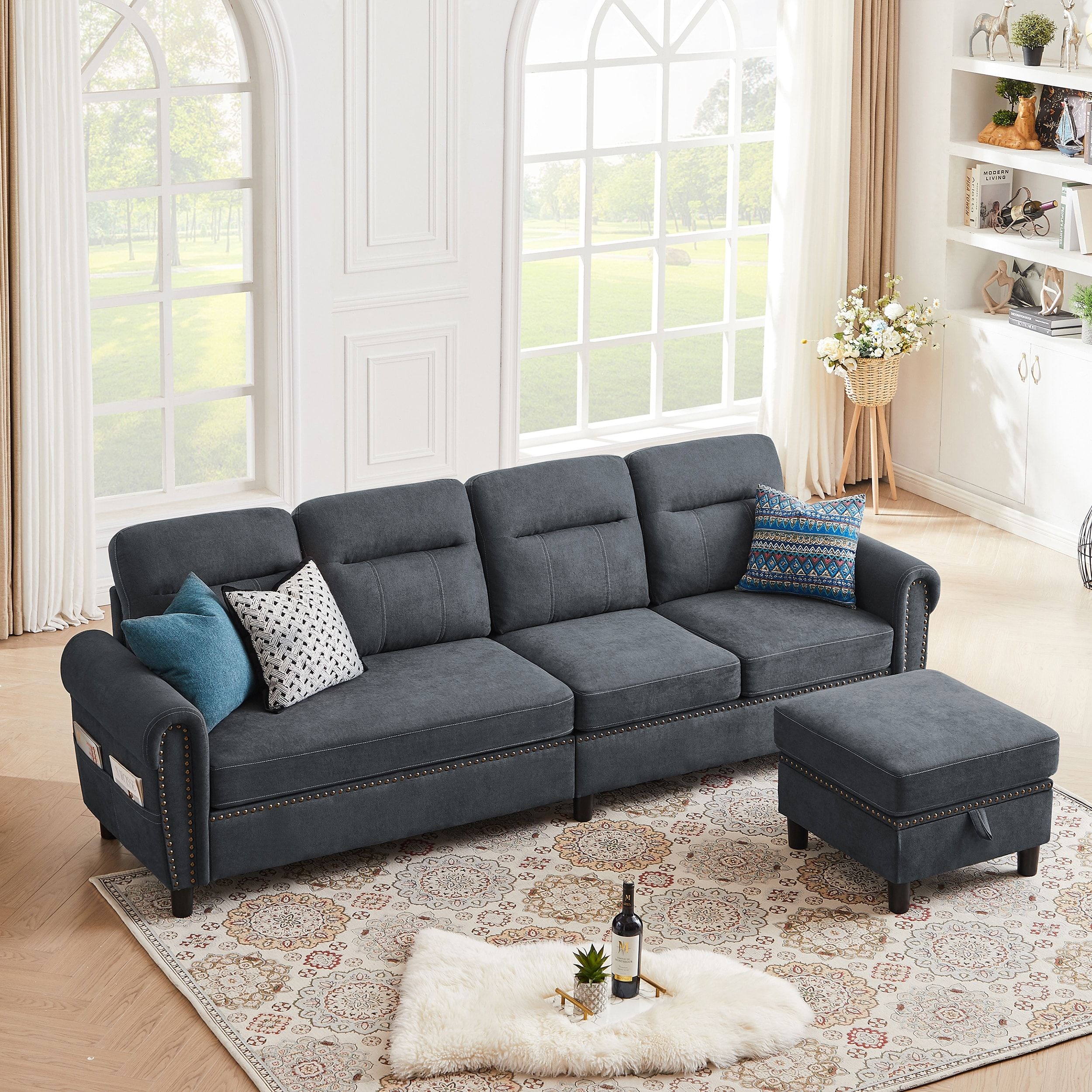 106.69" 4 Seater L Shaped Reversible Sectional Sofa With Side Storage Bags  – On Sale – Bed Bath & Beyond – 38006695 Throughout Reversible Sectional Sofas (Photo 10 of 15)