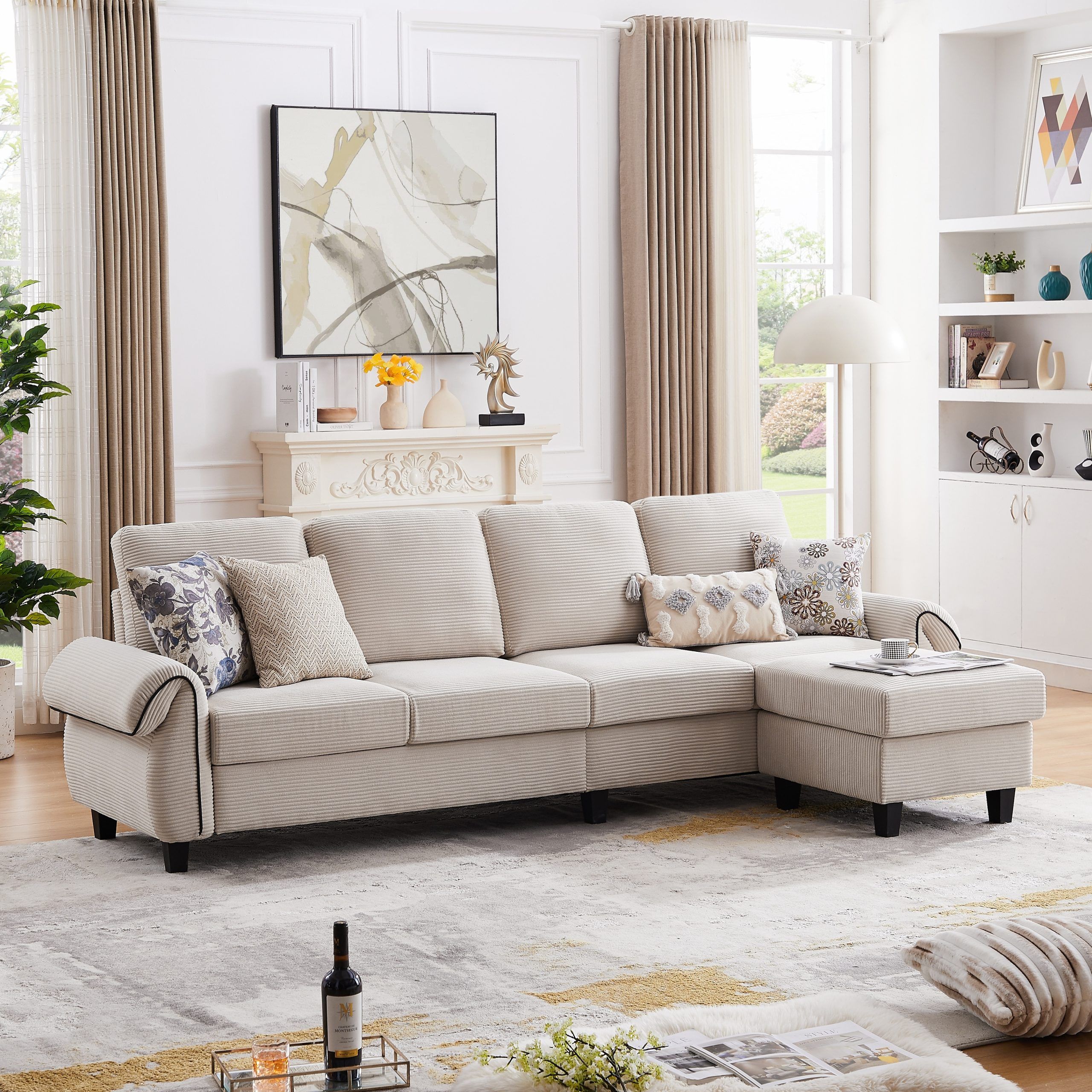 110.02 In. W Rolled Arms 4 Seat L Shaped Soft Corduroy Fabric Modern  Sectional Sofa With Reversible Ottoman – On Sale – Bed Bath & Beyond –  38916477 In Modern L Shaped Sofa Sectionals (Photo 15 of 15)