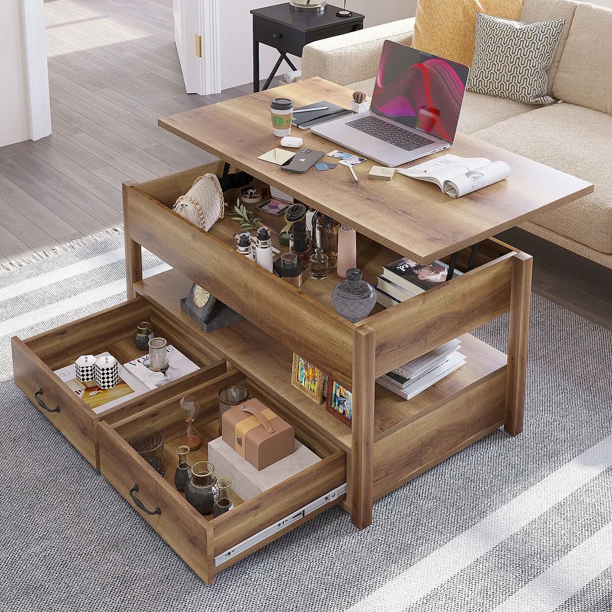 2 Drawer Lift Top Coffee Table Wooden With Hidden Compartment & Storage  Shelves | Ebay In Lift Top Coffee Tables With Storage Drawers (Photo 1 of 15)