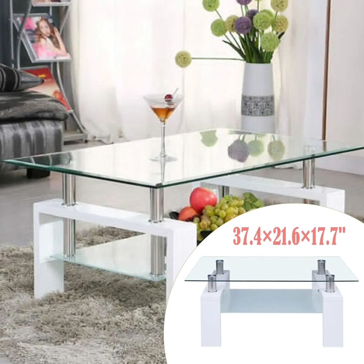 2 Layer Glass Coffee Table For Living Room With Mdf Legs & Storage Shelf  Tables | Ebay Regarding Glass Coffee Tables With Lower Shelves (View 12 of 15)