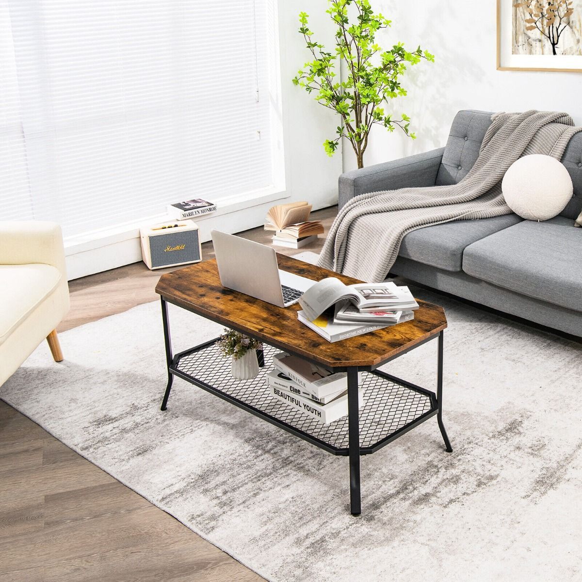 2 Tier Industrial Coffee Table With Open Metal Mesh Shelf For Sale |  Zevelop Uk Within Metal 1 Shelf Coffee Tables (View 11 of 15)