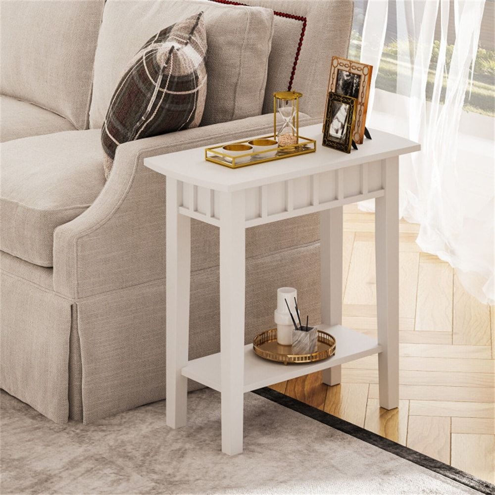 2 Tier Narrow Wood End Table With Storage Shelf For Small Spaces – Bed Bath  & Beyond – 38194171 With Regard To Wood Coffee Tables With 2 Tier Storage (View 14 of 15)