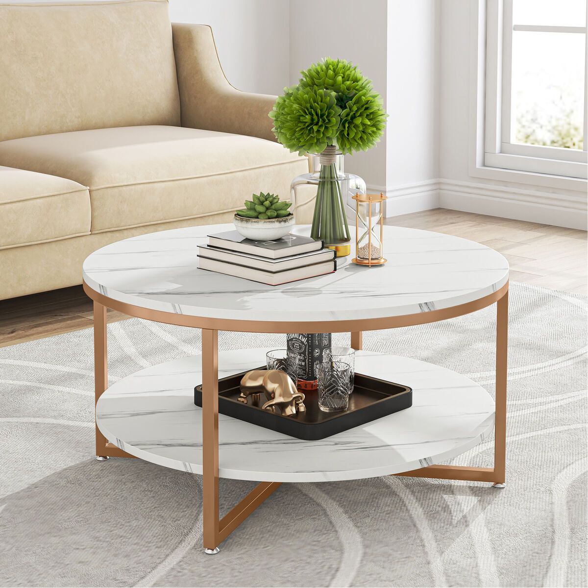 2 Tier Round Coffee Table With Storage, Modern Faux Marble Wood Coffee Table  | Ebay In Modern Round Faux Marble Coffee Tables (Photo 1 of 15)