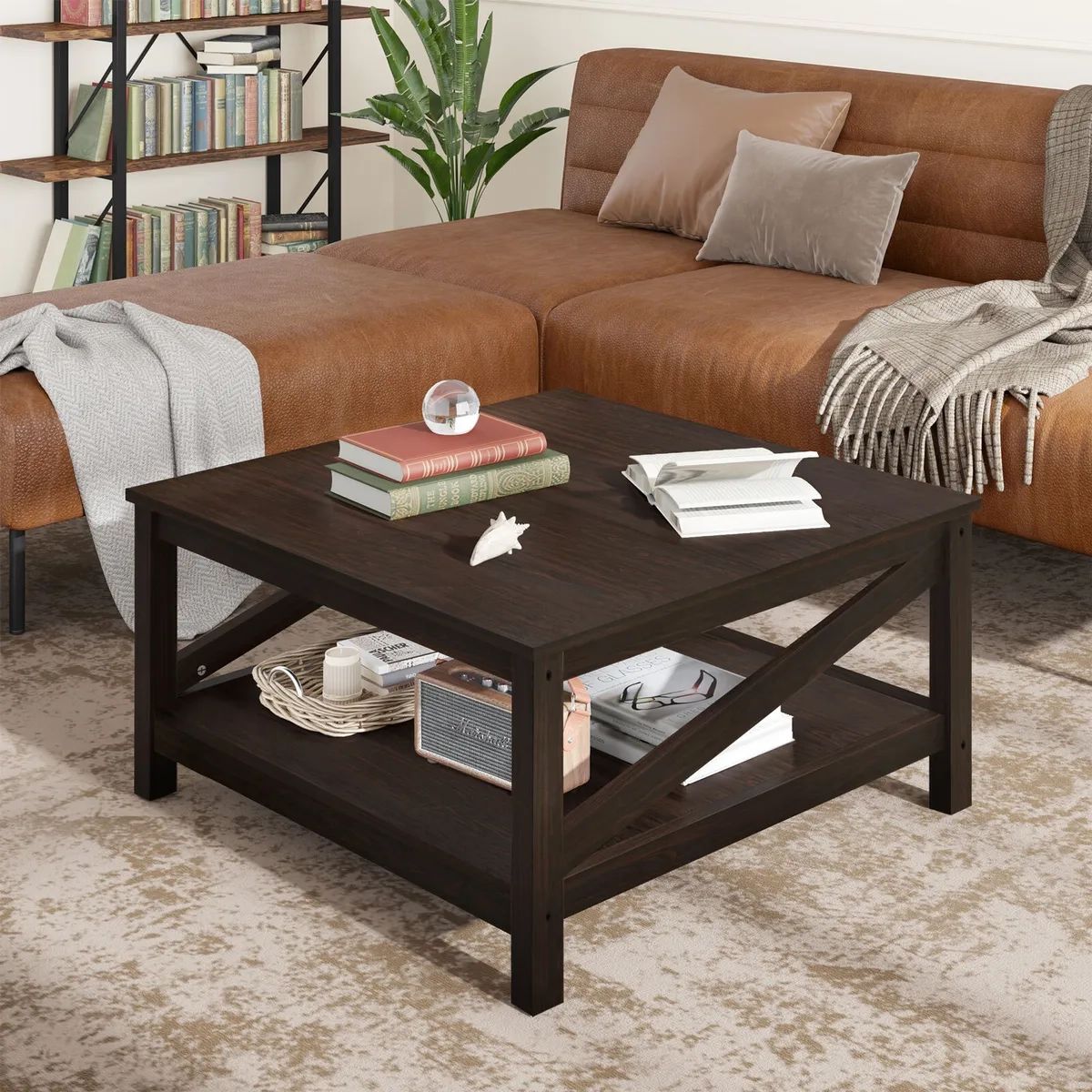 2 Tier Wood Square Coffee Table Farmhouse Cocktail Table With Storage  Shelves | Ebay With Wood Coffee Tables With 2 Tier Storage (View 13 of 15)