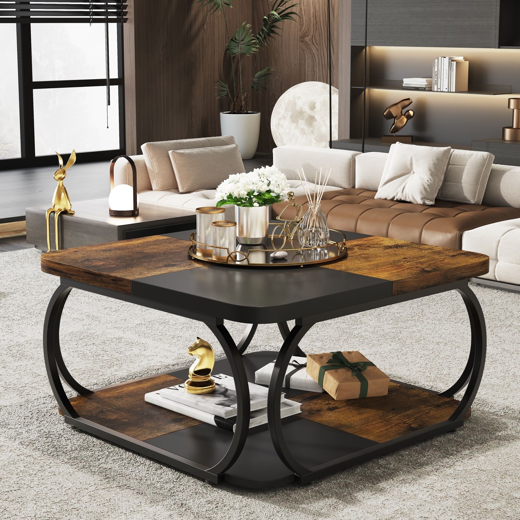 2 Tiers Square Coffee Table With Storage Shelf, 39 Inches Low Farmhouse Wood  Coffee Table For Living Room – On Sale – Bed Bath & Beyond – 38083953 Inside Wood Coffee Tables With 2 Tier Storage (View 8 of 15)
