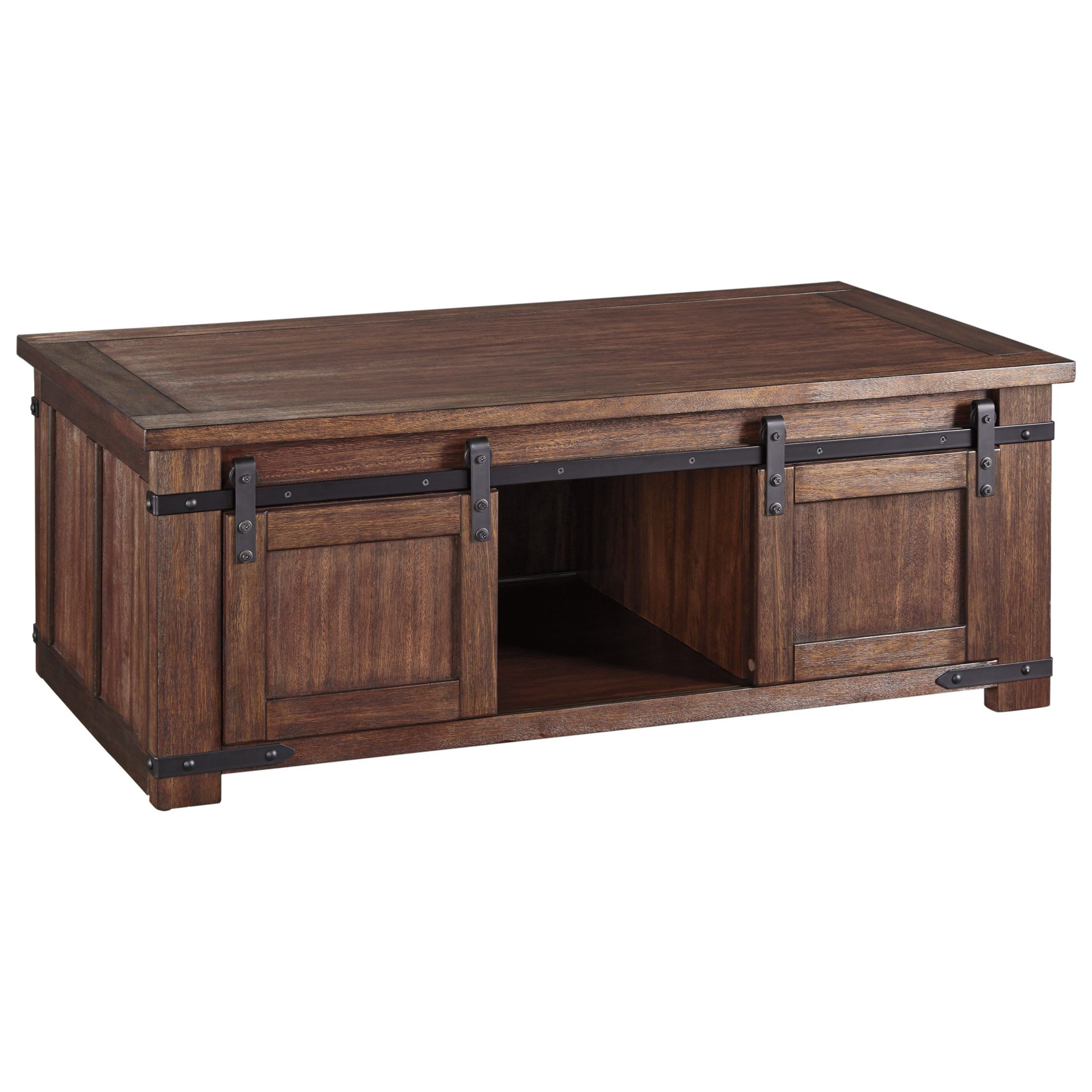 200327078 Rustic Cocktail Table With Sliding Barn Doors | Sadler's Home  Furnishings | Cocktail/coffee Tables With Regard To Coffee Tables With Sliding Barn Doors (Photo 10 of 15)