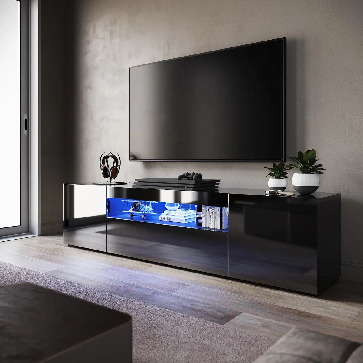 200cm High Gloss Tv Stand Black Cabinet Unit Doors Storage With Rgb Led  Cupboard | Ebay With Black Rgb Entertainment Centers (View 4 of 15)