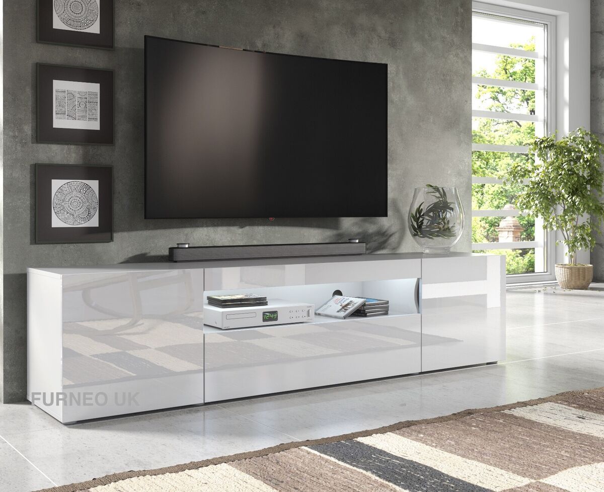 200cm Tv Stand White Unit Modern Long Cabinet Gloss &matt Clifton8 Led  Lights | Ebay In Modern Stands With Shelves (Photo 9 of 15)