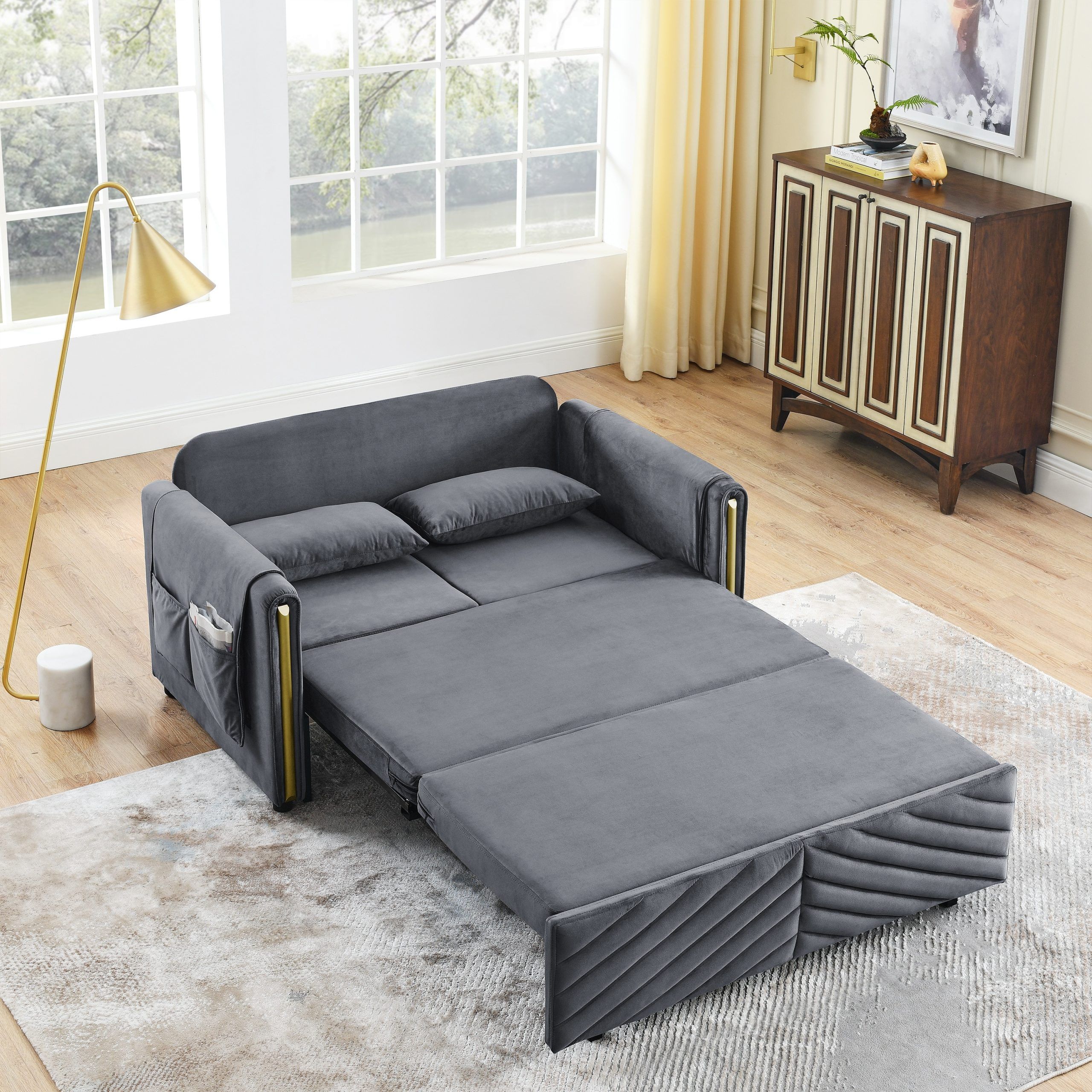 3 In 1 Convertible Sleeper Sofa Bed, 55" Multi Functional Pull Out Couch,  Velvet Loveseat Futon Bed W/2 Pillows & Storage Bags – Bed Bath & Beyond –  38908479 With Regard To 2 In 1 Gray Pull Out Sofa Beds (View 6 of 15)