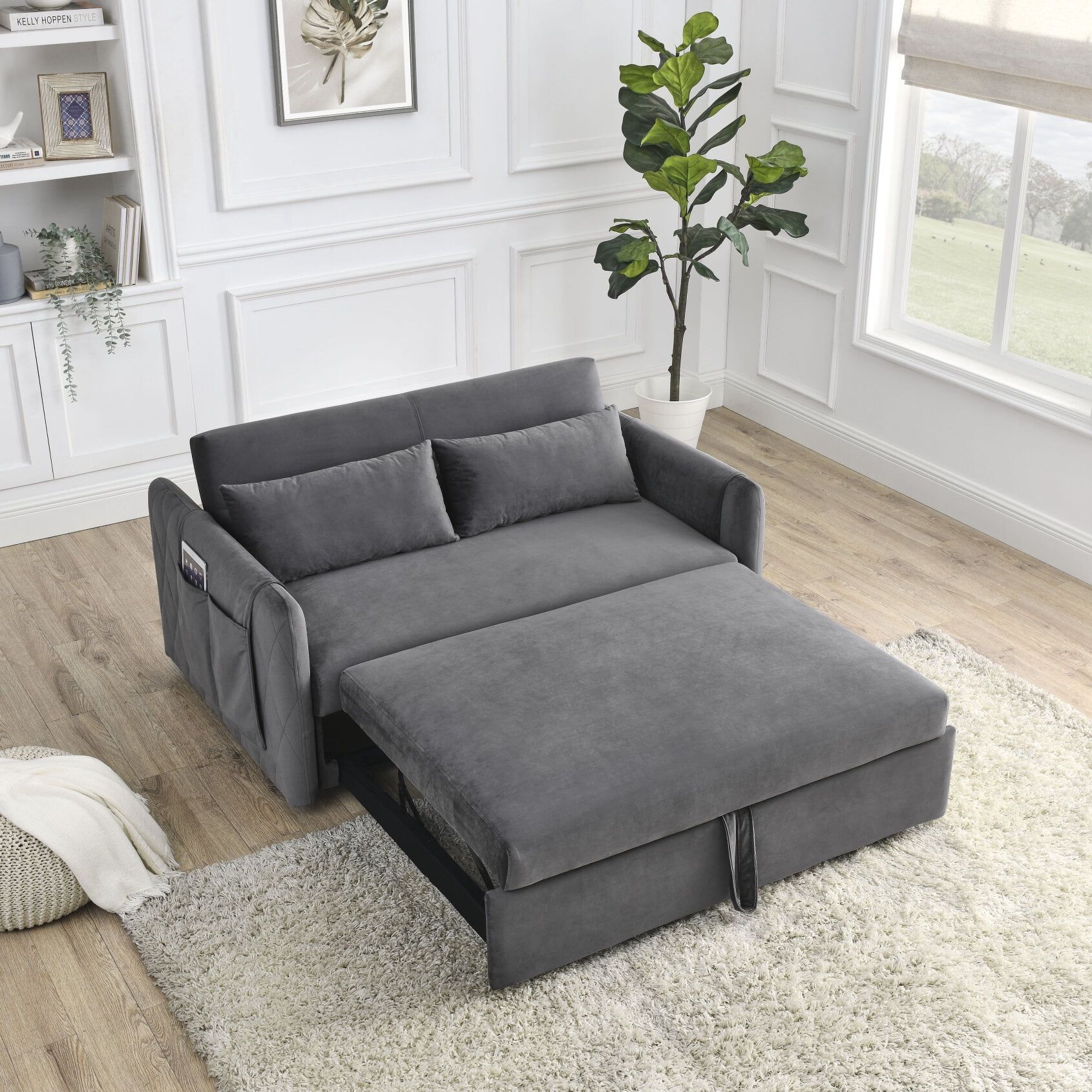 3 In 1 Convertible Sleeper Sofa Bed, Upholstered Pull Out Sofa With 2  Detachable Arm Pockets, Futon Sofa Bed With 2 Pillows And Adjustable  Backrest For Apartment Living Room – Walmart With Regard To 3 In 1 Gray Pull Out Sleeper Sofas (Photo 9 of 15)