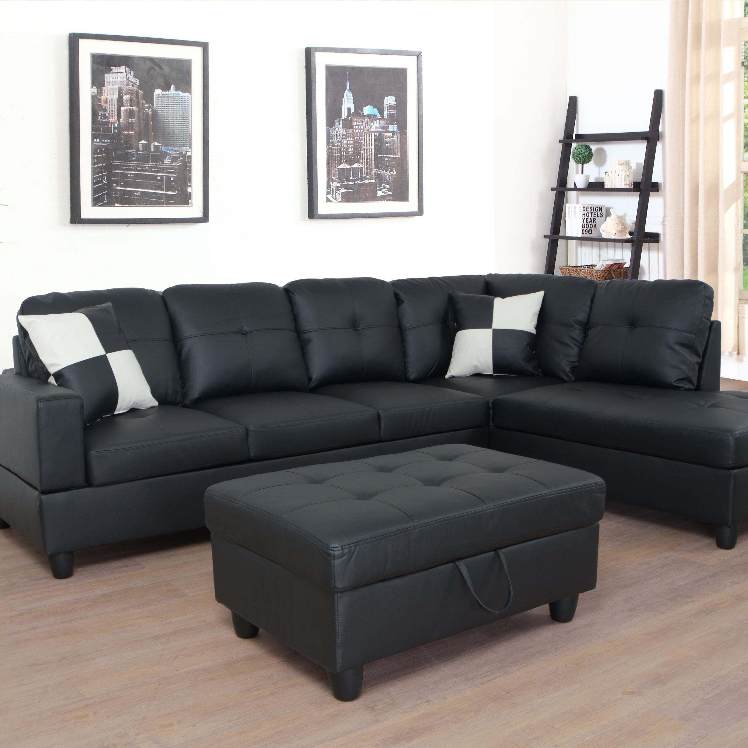 3 Pc Sectional Sofa Set, (black) Faux Leather Right  Facing Sofa With Free  Storage Ottoman Pertaining To Right Facing Black Sofas (View 10 of 15)