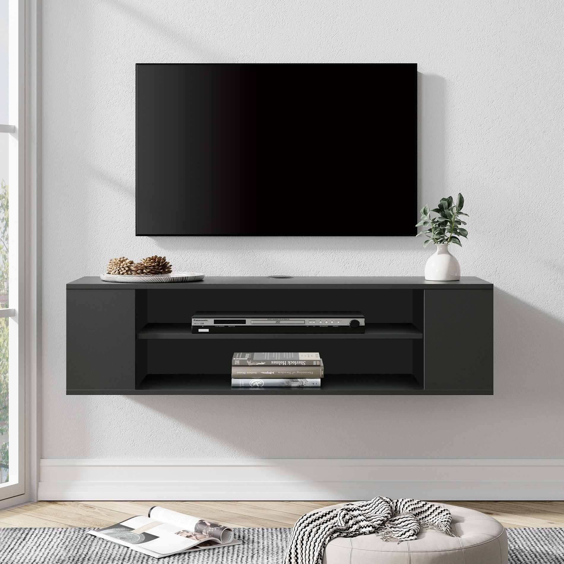 3 Tier Floating Tv Stand With Adjustable Shelves For Living Room, Black –  On Sale – Bed Bath & Beyond – 37782549 With Tier Stands For Tvs (View 8 of 15)