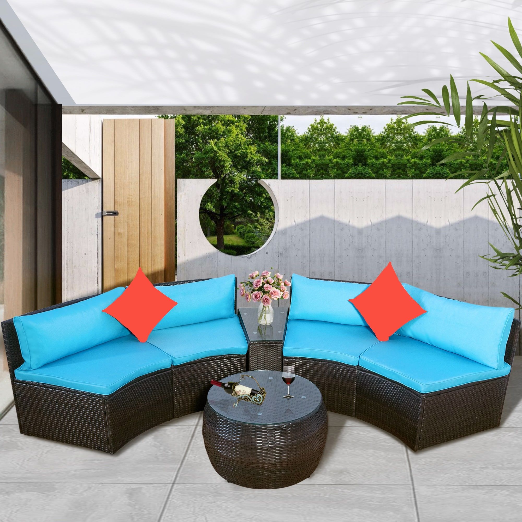 4 Piece Rattan Outdoor Patio Furniture Sofa Sets With Round Coffee Table,  Half Moon Sectional Sofa, With Cushion And Pillow – Bed Bath & Beyond –  37425352 In Outdoor Half Round Coffee Tables (Photo 10 of 15)