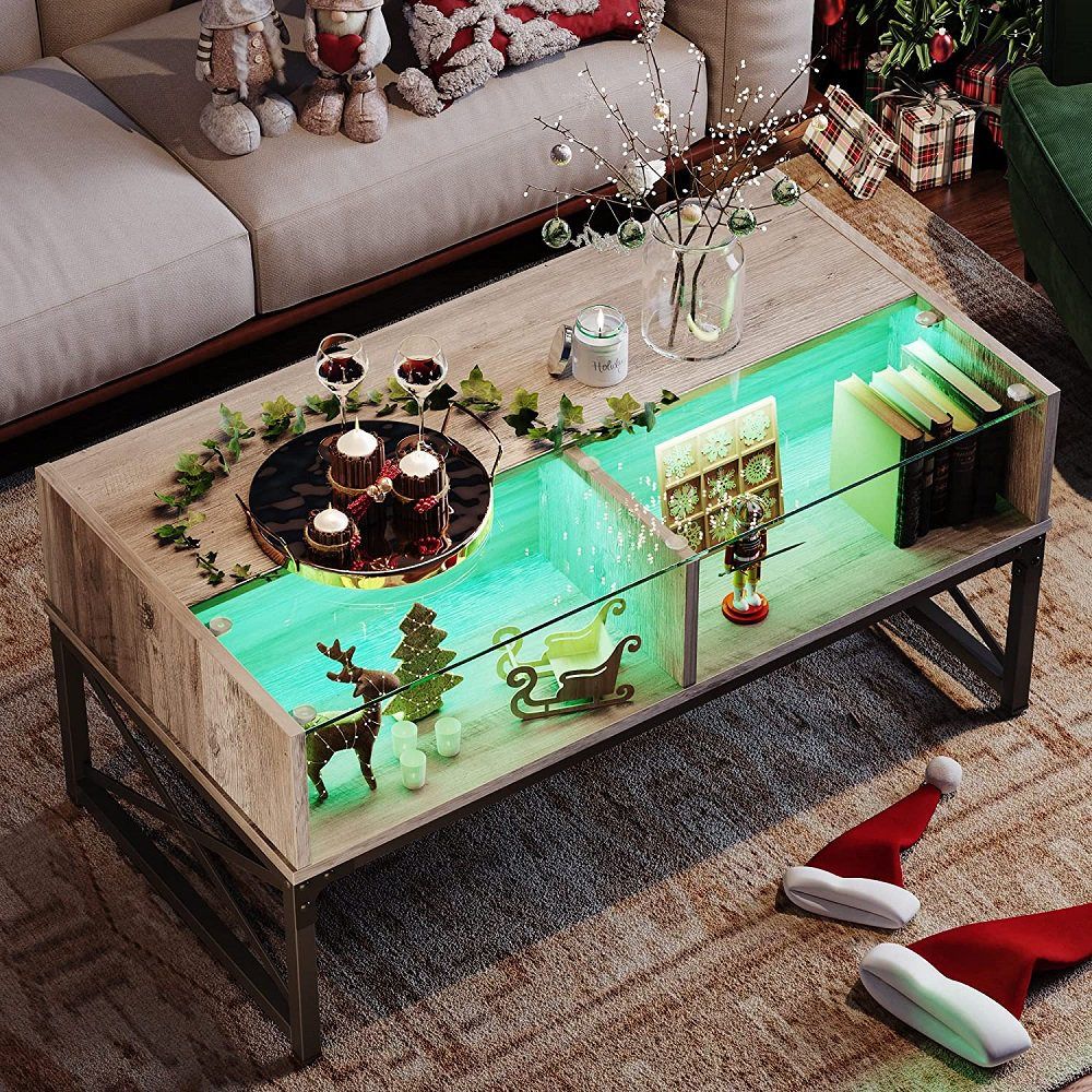 42 Inch Glass Coffee Table With Led Light & Storage For Living Room Rustic  | Ebay Inside Coffee Tables With Led Lights (View 10 of 15)