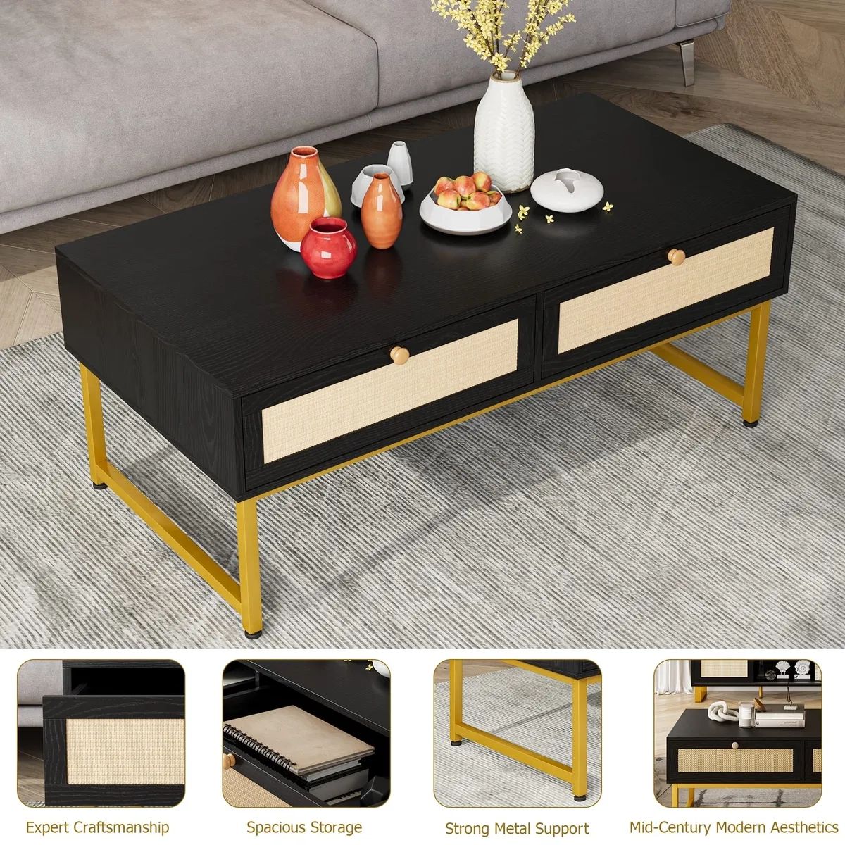 46 Inch 2 Drawer Rattan Living Room Coffee Table With Metal Frame Center  Tables | Ebay Throughout Metal Side Tables For Living Spaces (View 13 of 15)