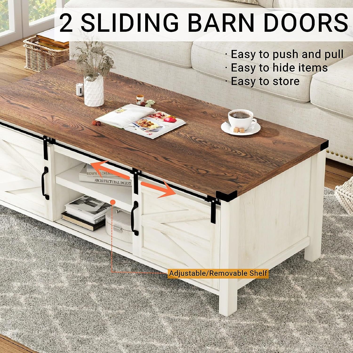 48" Modern Farmhouse Coffee Table With Adjustable Storage Cabinets Shelves,  Modern Coffee Table For Living Room With Sliding Barn Door(retro White) –  Walmart Intended For Coffee Tables With Sliding Barn Doors (Photo 11 of 15)