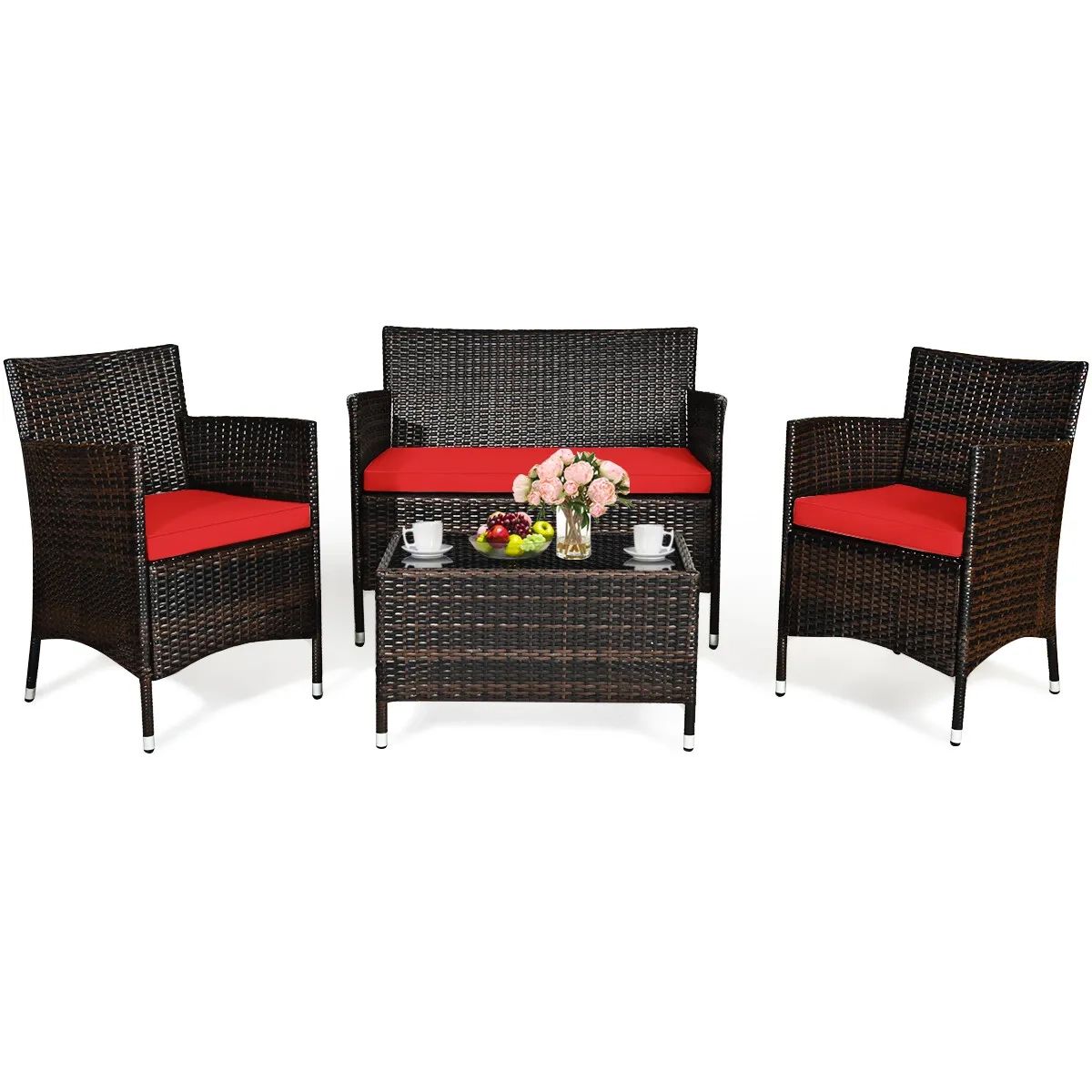 4pcs Rattan Patio Furniture Set Cushioned Sofa Chair Coffee Table Red | Ebay In 4pcs Rattan Patio Coffee Tables (Photo 7 of 15)