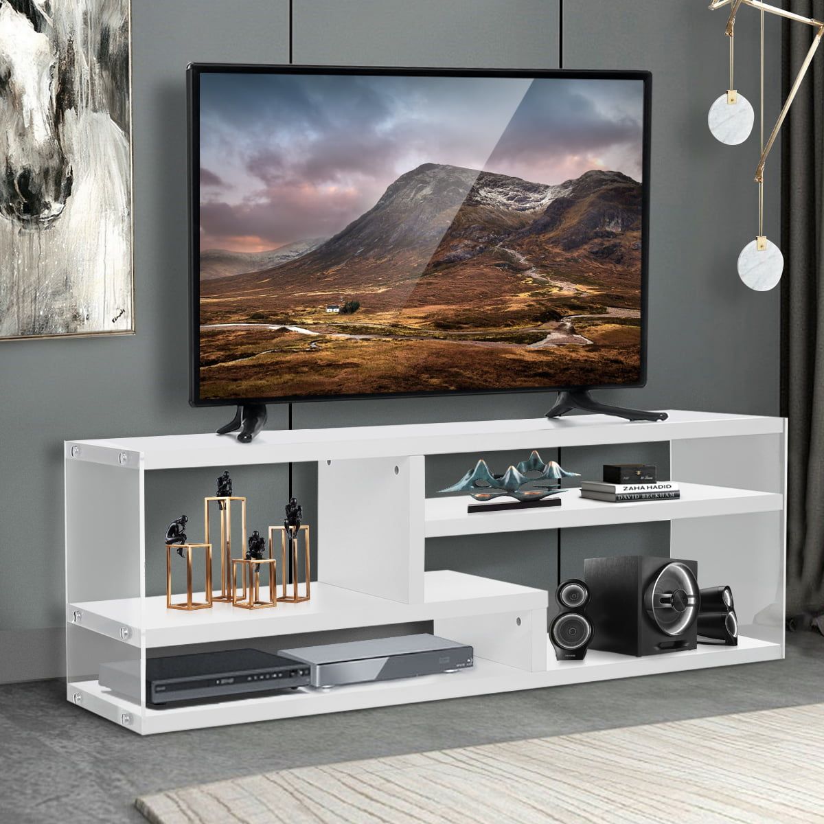 51 White Wood Tv Stand With Acrylic For Tvs Up To 55 India | Ubuy In Modern Stands With Shelves (Photo 3 of 15)