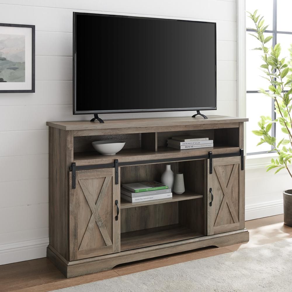 52" Modern Farmhouse High Boy Wood Tv Stand With Sliding Barn Doors – Grey  Wash Within Modern Farmhouse Barn Tv Stands (View 12 of 15)