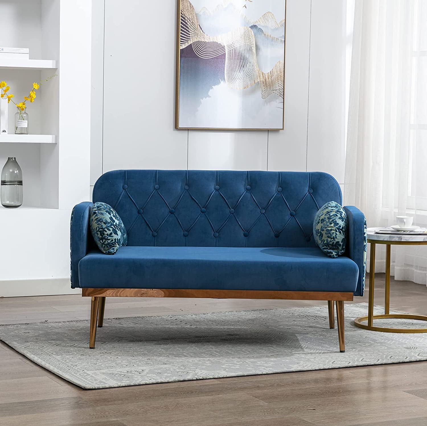 55 Inch Small Velvet Couch With Elegant Moon Shape Pillows, Twin Size  Loveseat Accent Sofa With Golden Metal Legs, Living Room Sofa With Tufted  Backrest, 600 Pounds Weight Capacity Light Blue – Walmart Pertaining To Small Love Seats In Velvet (View 8 of 15)
