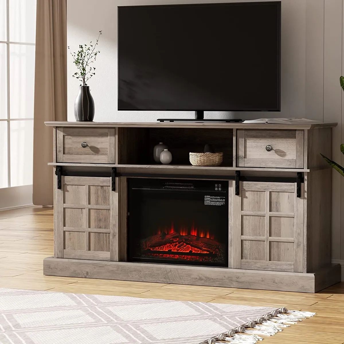 58" Farmhouse Tv Stand For Tvs Up To 65" Entertainment Center Media W/  Fireplace | Ebay Throughout Farmhouse Media Entertainment Centers (View 10 of 15)