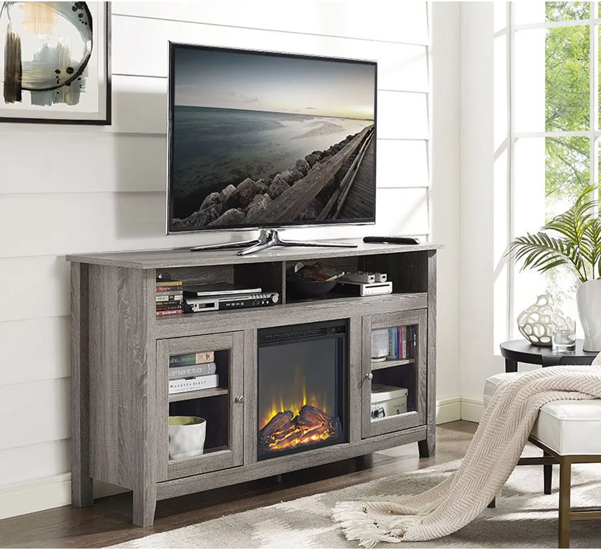 58 Inch Driftwood Brown Highboy Fireplace Tv Stand – Walker Edison | Rc  Willey Pertaining To Wood Highboy Fireplace Tv Stands (View 12 of 15)