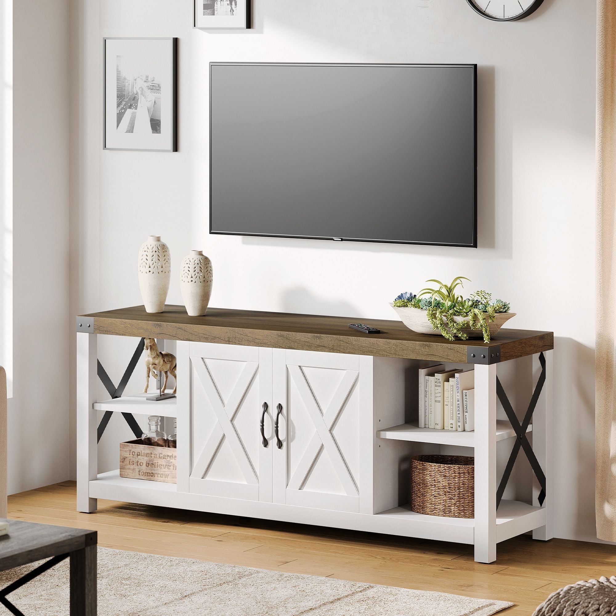 59 Inch Tv Stand For Tv Up To 50 60 65 Inches, Farmhouse Wood Tv Cabinet  Entertainment Center – 59" – On Sale – Bed Bath & Beyond – 36742172 Pertaining To Farmhouse Stands For Tvs (Photo 10 of 15)