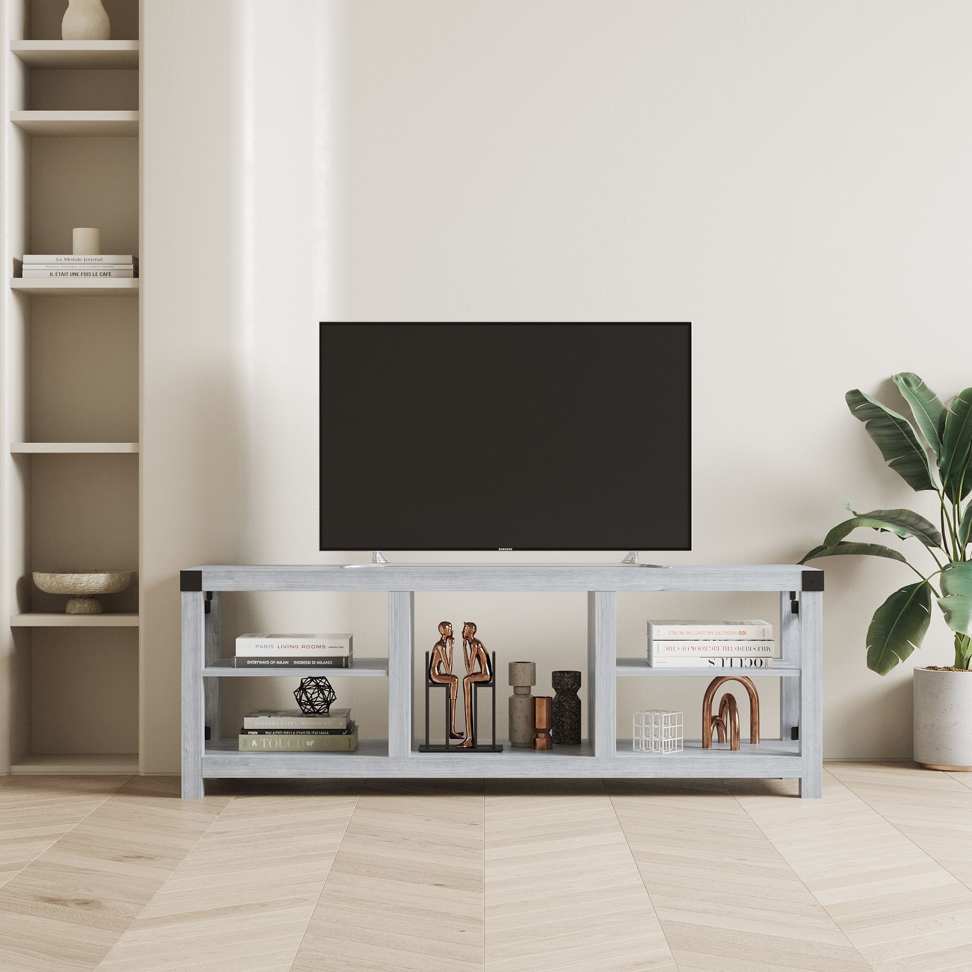 61" Tv Stand Media Console Table With Open Storage Shelves, Entertainment  Center Corner Tv Stands For Living Room Office – Bed Bath & Beyond –  39003051 With Regard To Cafe Tv Stands With Storage (View 7 of 15)