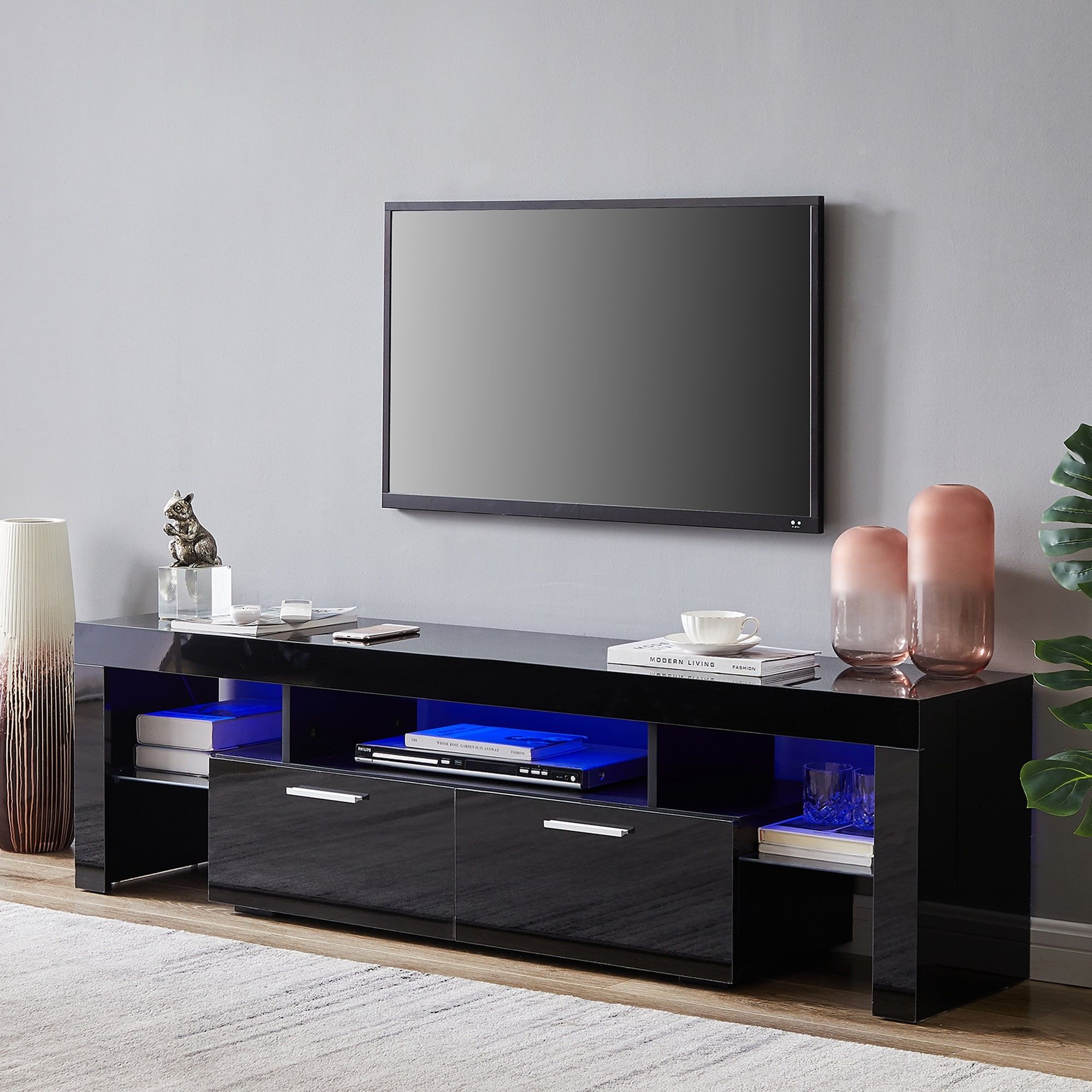63 Inch Rgb Led Light High Glossy Tv Stand Cabinet With 2 Center Down Open  Tie Rod Big Storage Drawer And 2 Side Glass Shelf – Bed Bath & Beyond –  35473038 With Rgb Entertainment Centers Black (Photo 7 of 15)