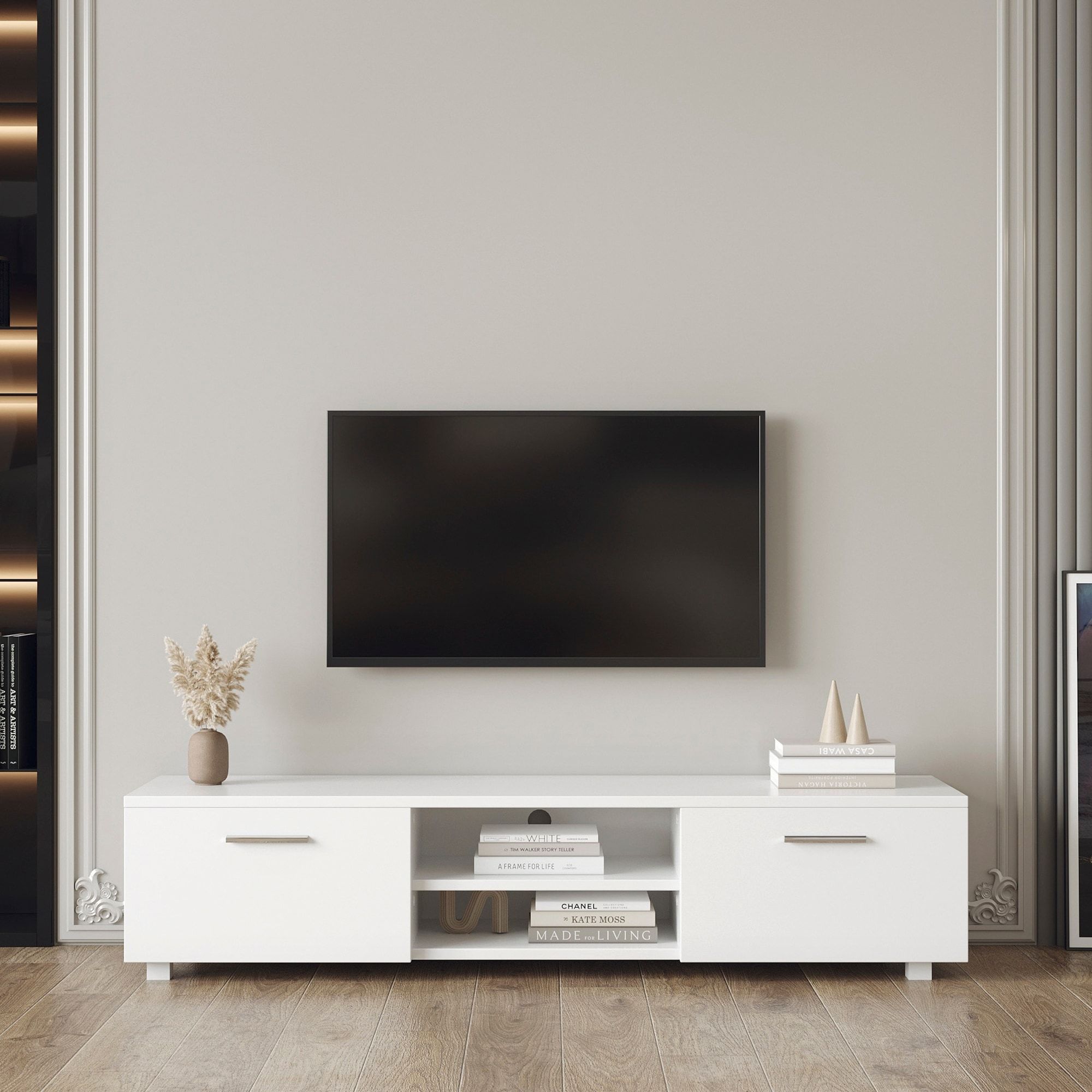 63" Tv Stand Media Storage Console Entertainment Center With 2 Tier Middle  Shelf And 2 Large Capacity Side Door Cabinets,white – Bed Bath & Beyond –  37571343 Within Tier Stand Console Cabinets (Photo 4 of 15)
