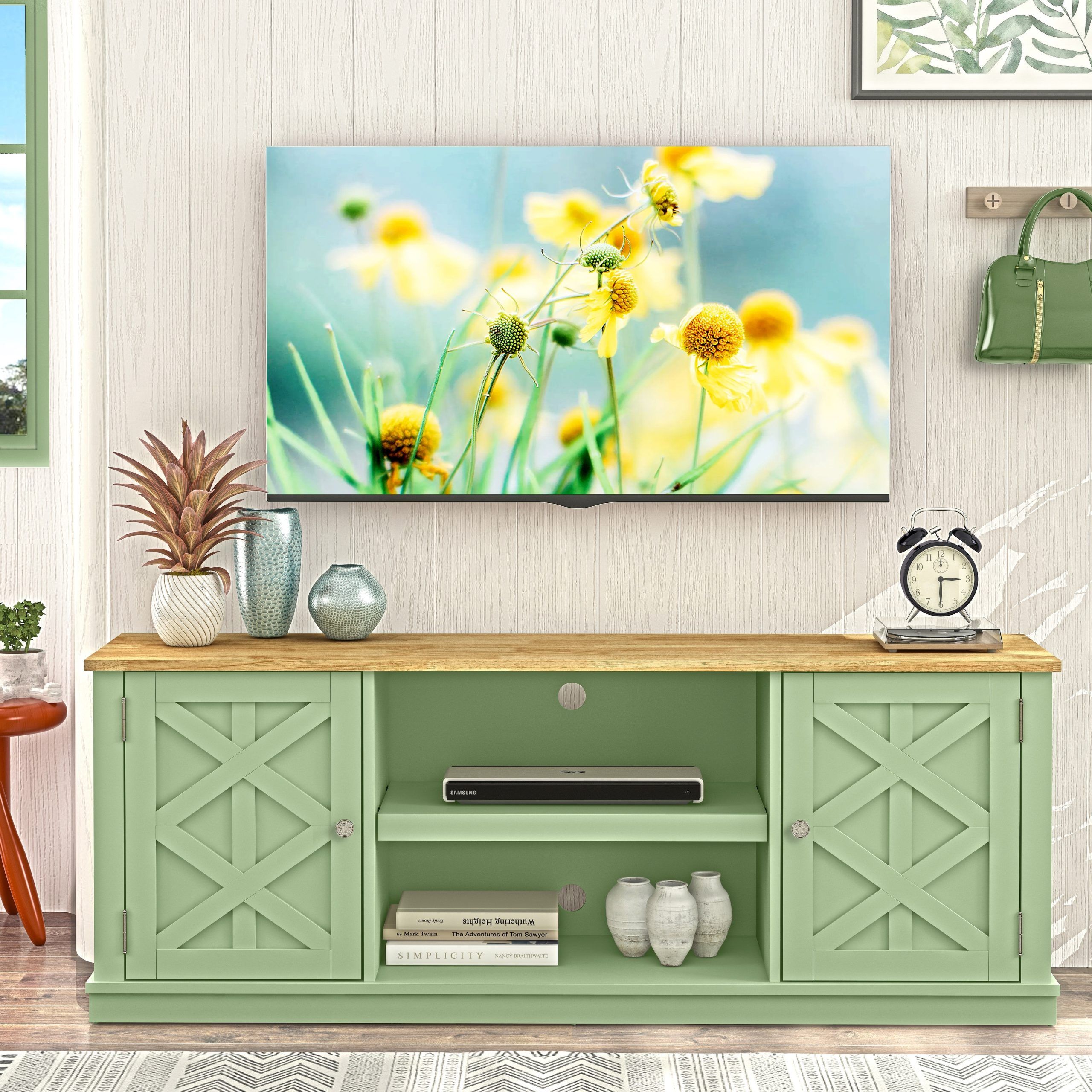 64" Farmhouse Tv Stand Console For Tvs Up To 70 Inch – 64" In Width – Bed  Bath & Beyond – 36784650 Within Farmhouse Tv Stands For 70 Inch Tv (View 14 of 15)