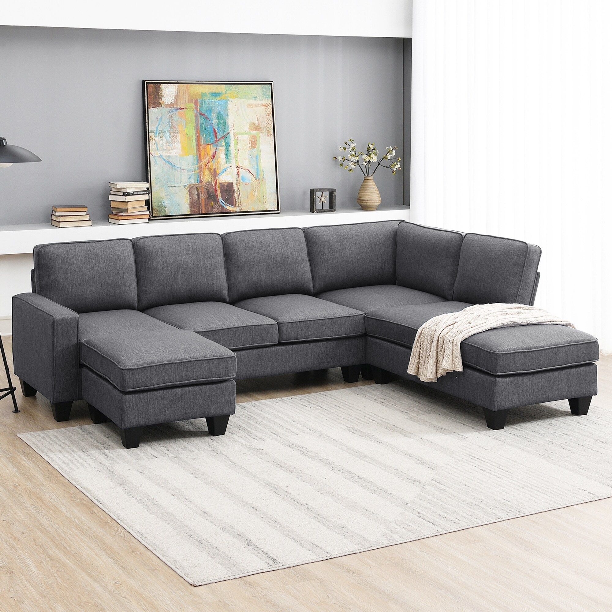 7 Seat Sectional Sofa Linen Fabric Couch Set With Ottoman, Dark Grey – Bed  Bath & Beyond – 39014491 Within Light Charcoal Linen Sofas (Photo 15 of 15)