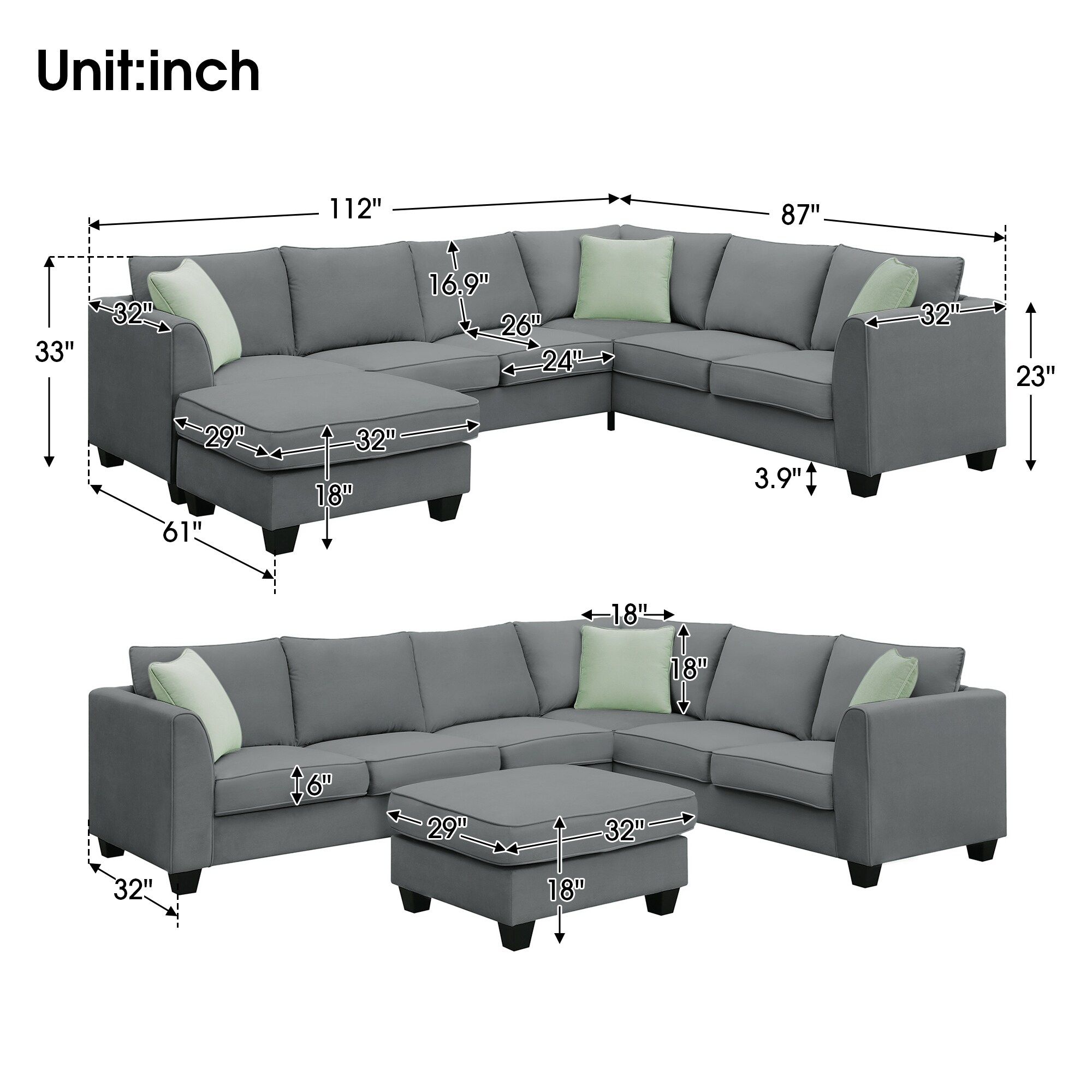 7 Seats Modular Sectional Sofa With Ottoman, Living Room Couches Sets, L  Shaped Fabric Sofa Corner Couch Set With 3 Pillows – Bed Bath & Beyond –  38260314 For 3 Seat L Shaped Sofas In Black (View 12 of 15)