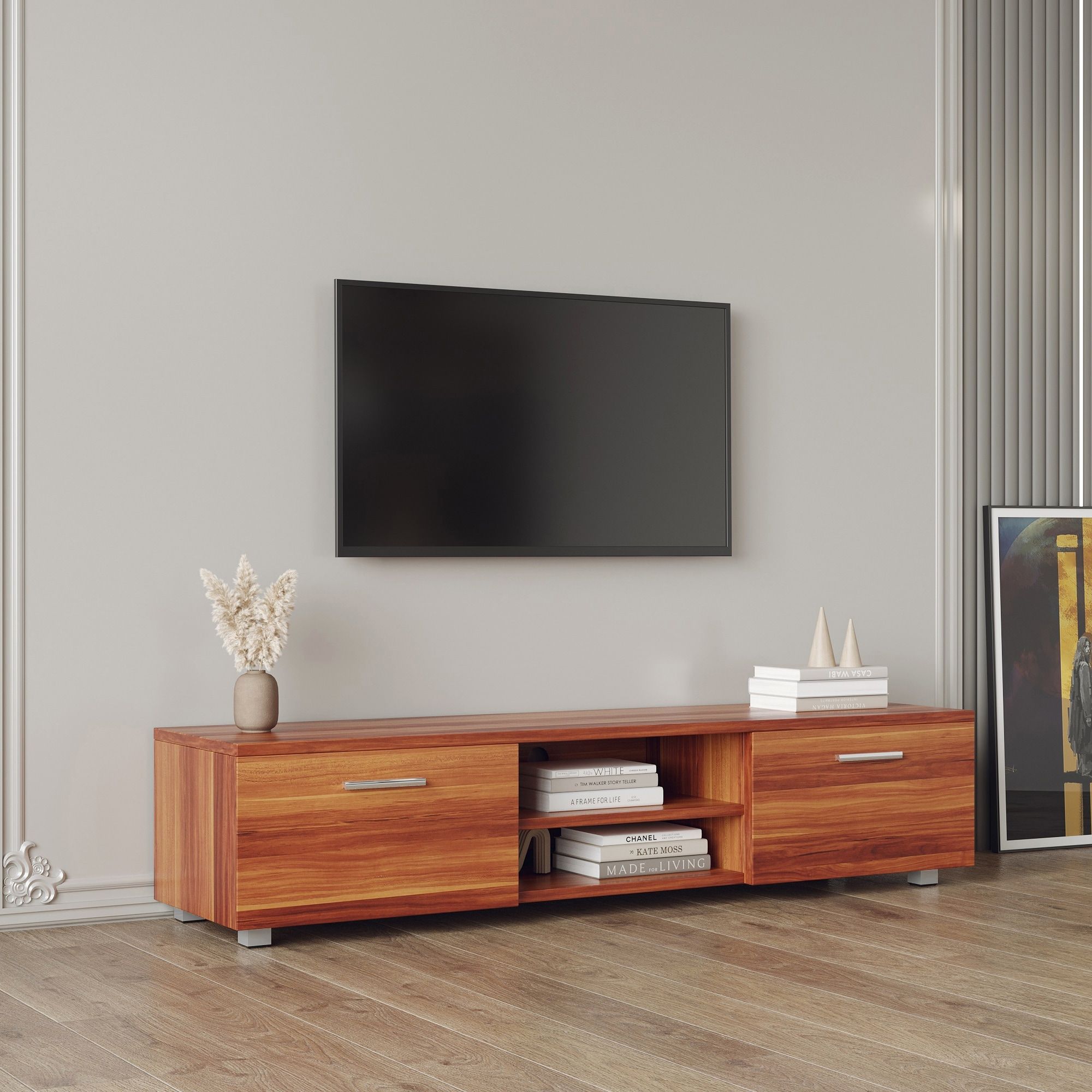 70" Tv Console Walnut Media Cabinets With Storage Cabinet&open Shelves – On  Sale – Bed Bath & Beyond – 38287723 For Entertainment Center With Storage Cabinet (View 7 of 15)