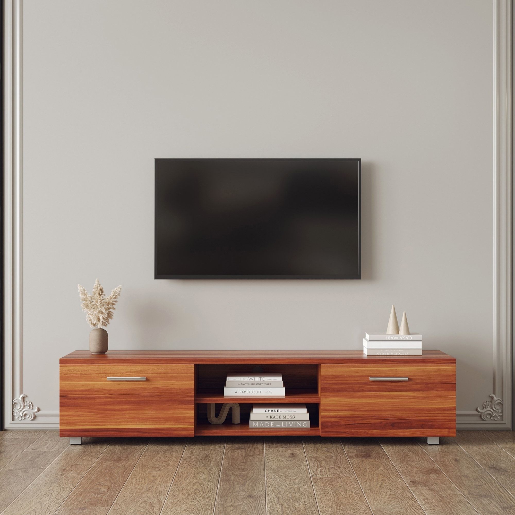70" Tv Console Walnut Media Cabinets With Storage Cabinet&open Shelves – On  Sale – Bed Bath & Beyond – 38287723 Within Media Entertainment Center Tv Stands (View 3 of 15)