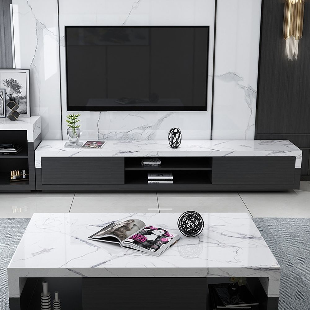 78" Black Tv Stand Faux Marble Top Media Console With 2 Drawers & 1 Shelf |  Faux Marble, Black Tv Stand, Tv Room Design Regarding Black Marble Tv Stands (View 5 of 15)