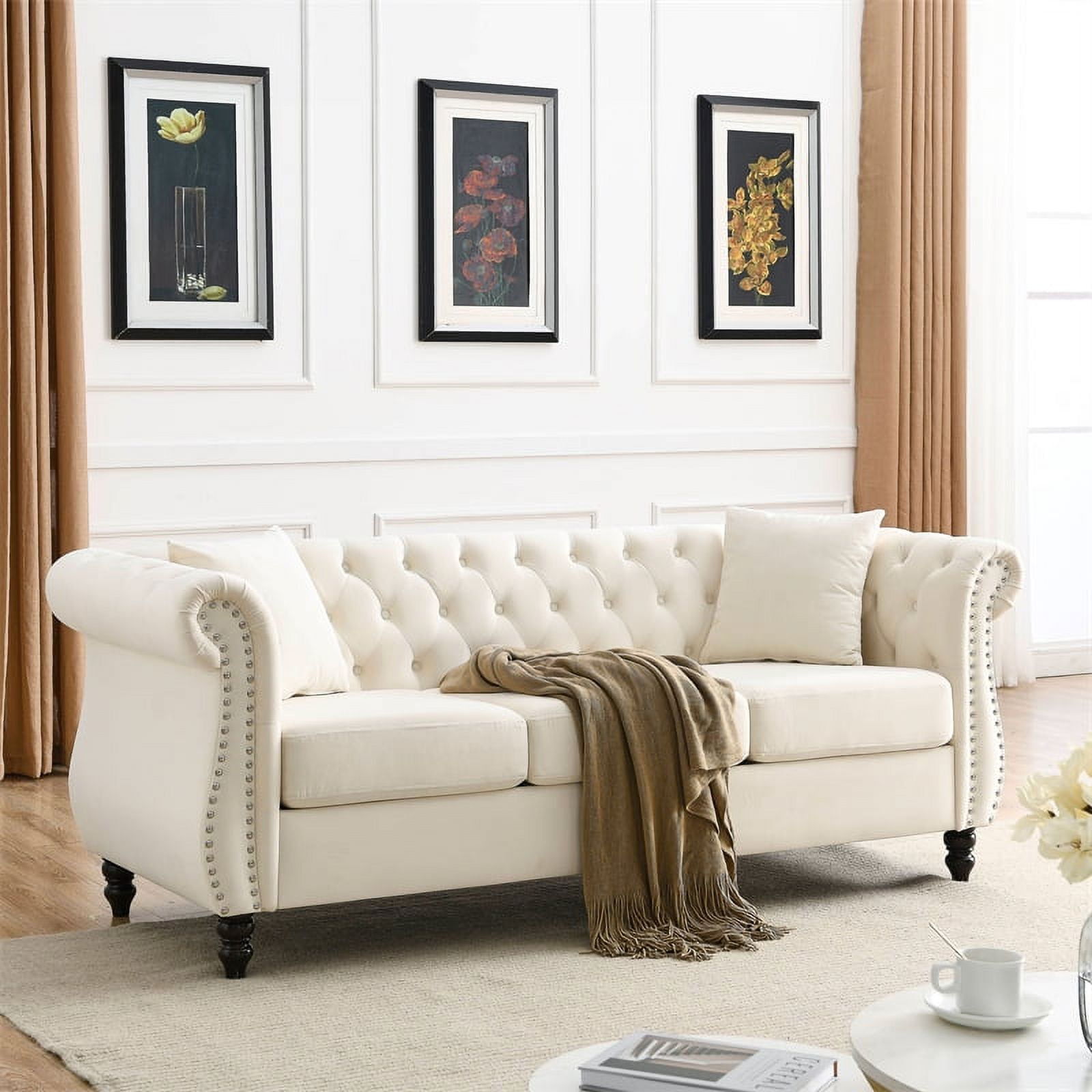 80" Chesterfield Velvet Sofa Couch With Nailhead Trim And Scroll Arms,  Modern 3 Seater Sofa Tufted Couch With Padded Seat And 2 Pillows, For  Living Room, Apartment, White – Walmart With Sofas With Nailhead Trim (View 12 of 15)