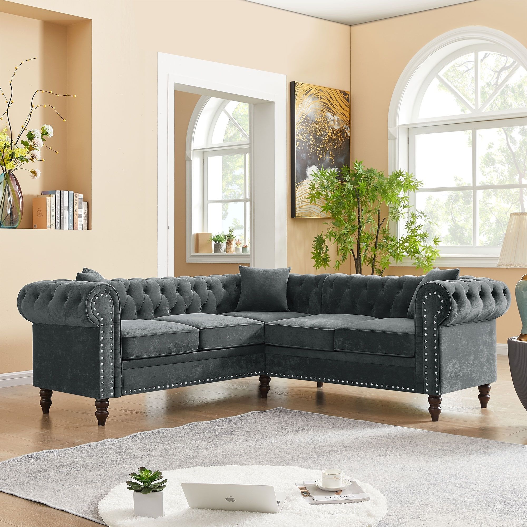 80" Velvet Corner Sofa, Button Tufted Upholstered Roll Arm Luxury Classic  L Shaped Sofa With 3 Pillows & Solid Wood Gourd Legs – On Sale – Bed Bath &  Beyond – 37685950 Within Tufted Upholstered Sofas (Photo 8 of 15)